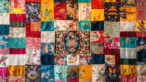 a traditional Korean patchwork art called jogakbo which refers to the Korean tradition of making a new cloth out of old and leftover pieces. © romanets_v