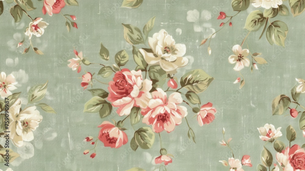 A floral fabric with a vintage feel, featuring soft pastel colors and delicate flowers scattered across a light green background. The pattern gives off a classic and romantic vibe