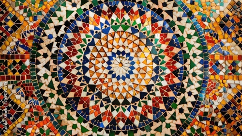 An intricate Moroccan pattern that has a tapestry-like quality, with a complex interweaving of various shapes and colors. This sort of design is often seen in Moroccan fabrics and decoration