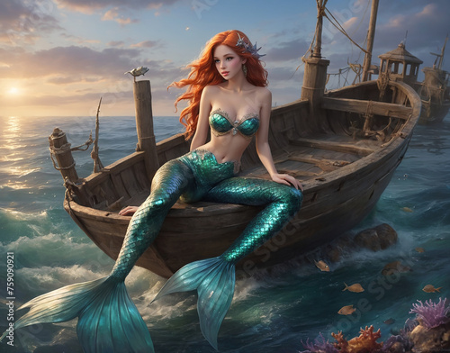 Stunning Mermaid sitting in fishing boat