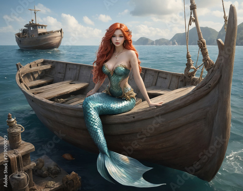 Stunning Mermaid sitting in fishing boat