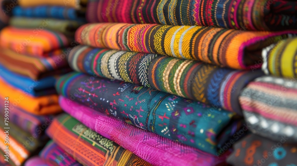 handmade traditional Guatemalan fabric, which typically features bright, multicolored stripes and intricate patterns. These designs reflect the rich cultural heritage and skilled craftsmanship