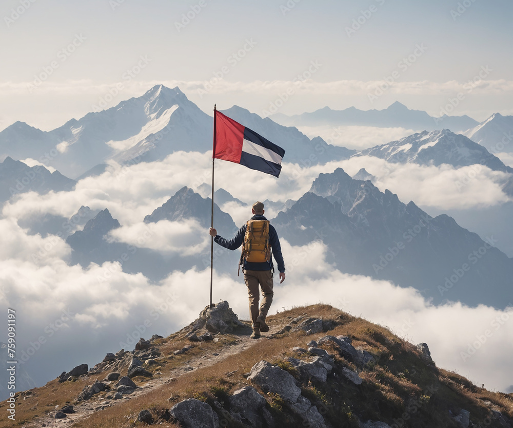 Obraz premium Hiker man heading to mountain top where there is a flag.