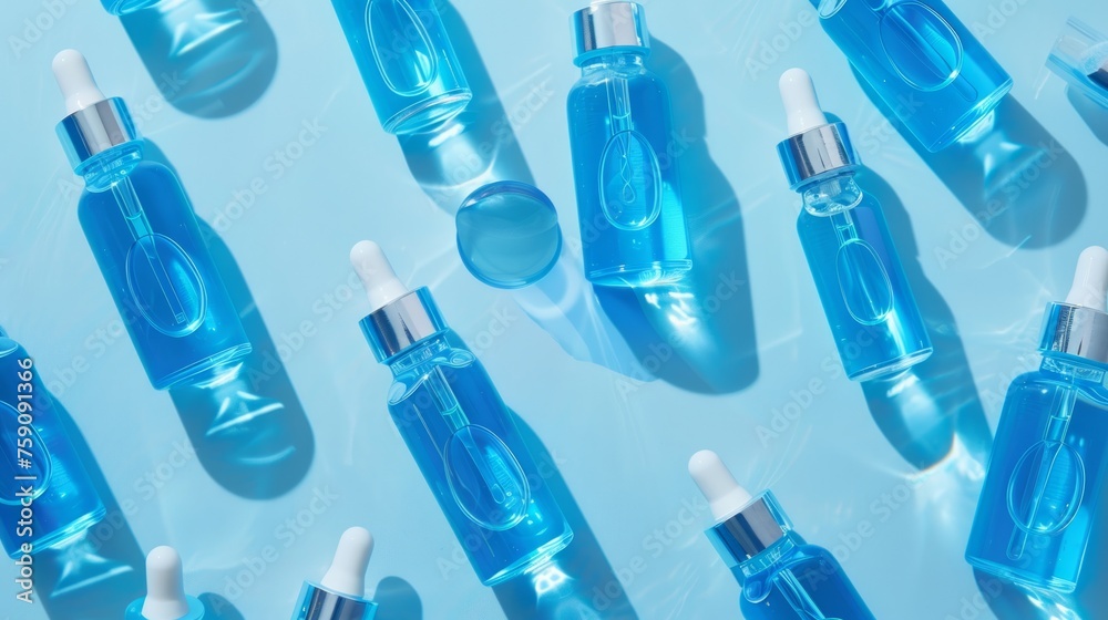 Blue serum bottles, skincare product presentation, cosmetic research Blue serum bottles, skincare product presentation, cosmetic research