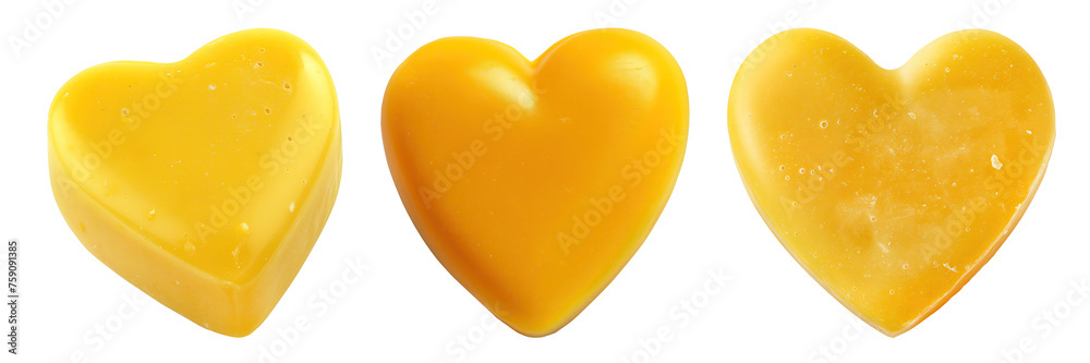 Set of yellow soap in the shape of a heart, isolated on a white or transparent background. Yellow handmade soap close-up as a graphic design element, on the theme of Valentine's day. Set of yellow soap in the shape of a heart, isolated on a white or transparent background. Yellow handmade soap close-up as a graphic design element, on the theme of Valentine's day.