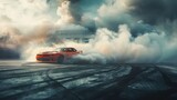 Muscle car drifting on track, intense speed and smoke effects