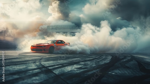 Muscle car drifting on track, intense speed and smoke effects photo