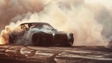 Muscle car drifting on track, intense speed and smoke effects