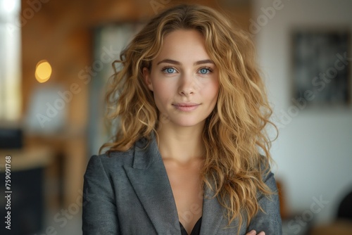A young, confident businesswoman with natural curly blonde hair, presenting a calm and determined demeanor in a sleek, contemporary office setting.