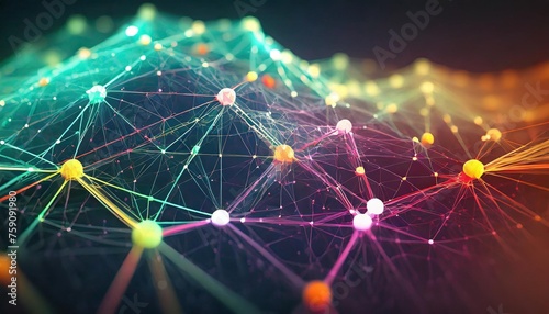 an image of a network grid with multi colored particles elegantly connected to each other photo