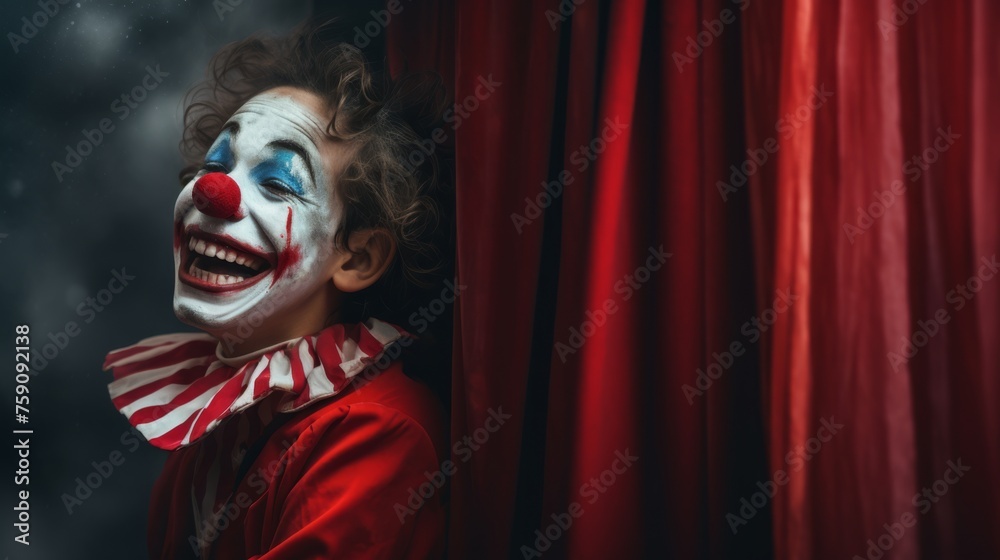 boy laughing with clown paint on his face while a curtain , dark red and gray
