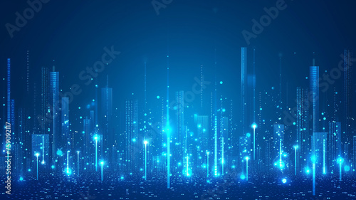 Blue computer screen, city skyline mixed with graphs and data. Technology, future, ai, data processing