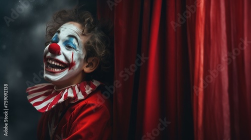 boy laughing with clown paint on his face while a curtain , dark red and gray 