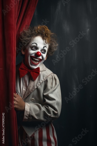 boy laughing with clown paint on his face while a curtain , dark red and gray 