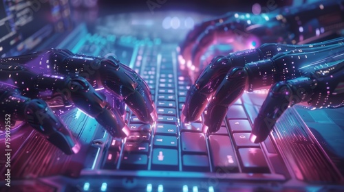 Robot hands typing on a futuristic keyboard, AI technology concept