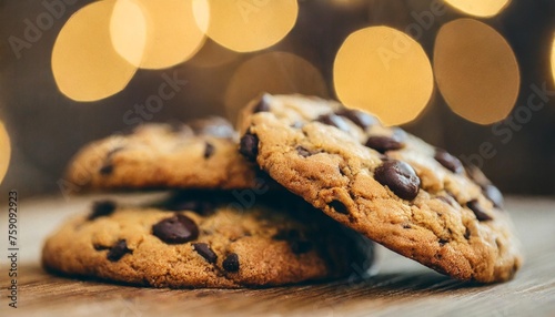 chocolate chip cookies on wooden table with bokeh background