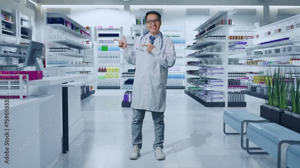 Full Body Of Asian Male Doctor With Stethoscope Smiling And Pointing To The Side In Pharmacy Full Body Of Asian Male Doctor With Stethoscope Smiling And Pointing To The Side In Pharmacy