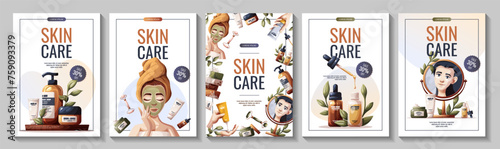 Set of flyers with woman, cosmetics, beauty products. Beauty, skin care, cosmetic, spa, shower concept. Vector illustration for banner, promo, poster.
