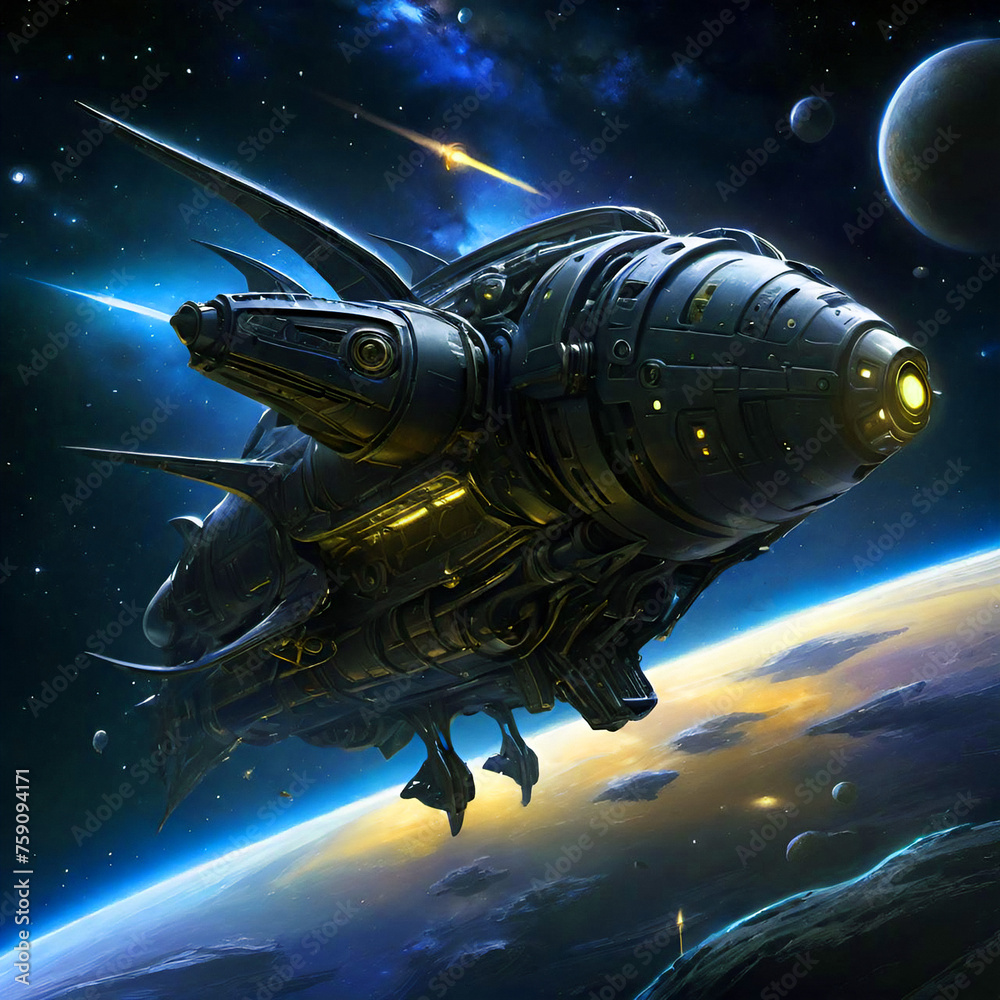 Obraz premium spaceship in space, orbiting around a planet, generative ai illustration