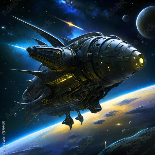 Wallpaper Mural spaceship in space, orbiting around a planet, generative ai illustration Torontodigital.ca