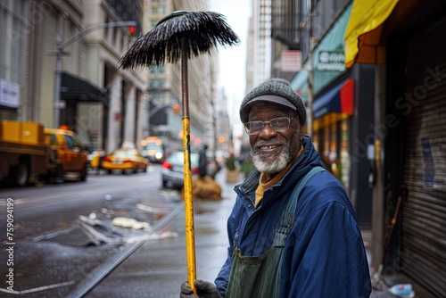 A happy janitor sweeps the street. 