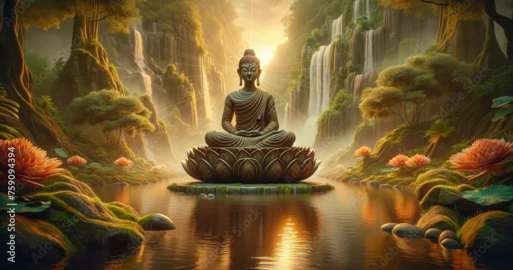 Buddha statue in meditation on tranquil water