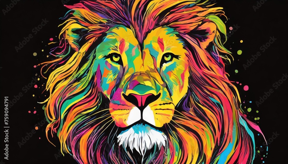 colorful poster with lion portrait isolated on black background