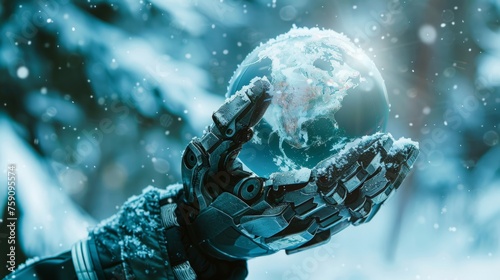 Robot arm cradles Earth in a wintry setting, symbolizing care photo