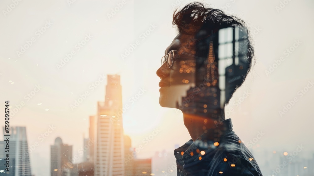 Silhouette of a person overlaid on cityscape at sunset. Silhouette of a person overlaid on cityscape at sunset.