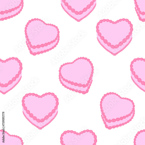 Seamless pattern with heart shaped cakes. Cute vector flat background for birthday holiday, valentine's day