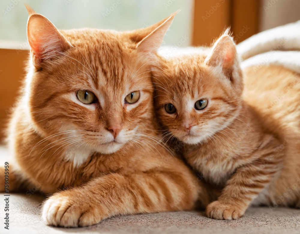A ginger kitten cuddle with adult tabby cat A ginger kitten cuddle with adult tabby cat