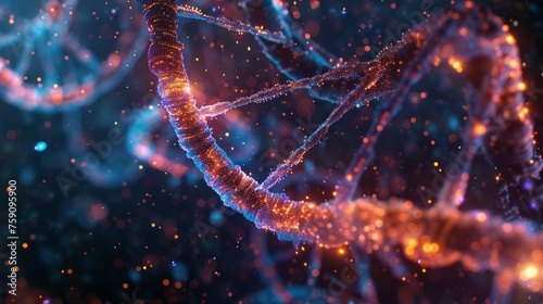 Glowing red DNA strands spiraling in a digital microcosm