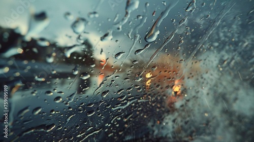 Mesmerizing sight of raindrops pelting against a windshield, creating an immersive experience of a rainy day drive photo