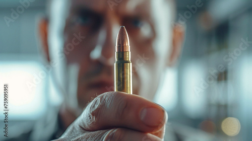 Close-up photo of engineer's hand holding bullet. The concept of weapons development and the creation of ammo