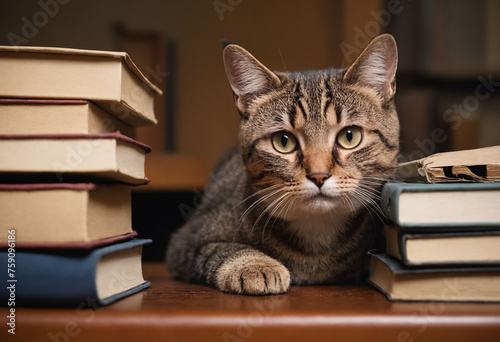 Inquisitive cat peering out from behind a stack of books on a cluttered desk