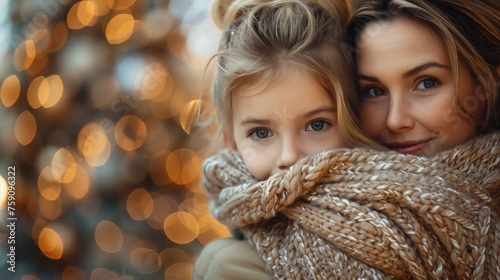 Mother and Daughter Wrapped in Blanket by Christmas Tree