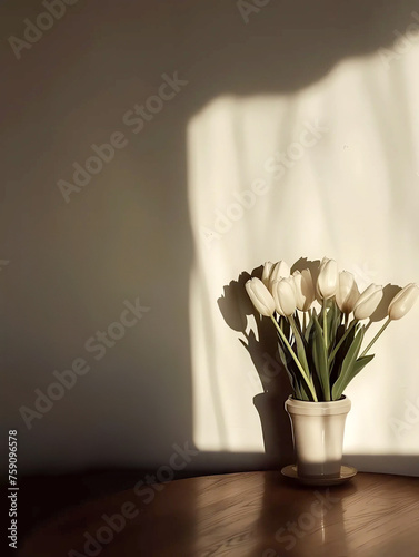Front facing beige background with white tulips in a vase on a table top with editorial space