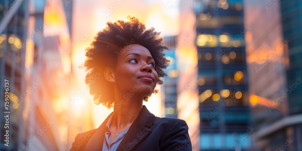 Happy wealthy rich successful African American businesswoman standing in big city modern skyscrapers street on sunset  - obrazy, fototapety, plakaty 