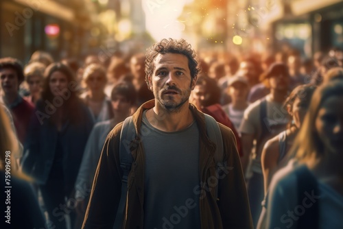 a static man standing in motion blur crowd
