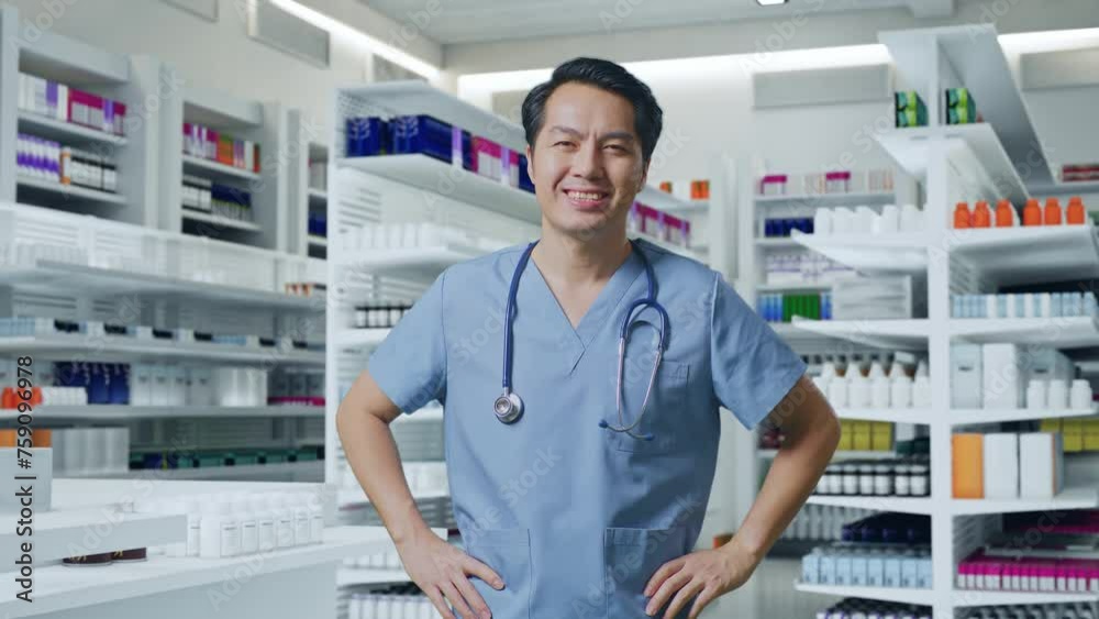 Asian Male Doctor With Stethoscope Putting Hands On His Hip And Smiling In Pharmacy Asian Male Doctor With Stethoscope Putting Hands On His Hip And Smiling In Pharmacy