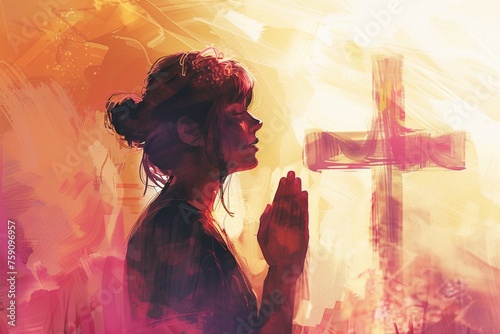 Wallpaper Mural Woman praying in front of a cross. Torontodigital.ca