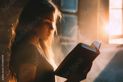 Portrait of a young woman with Bible in her hands.