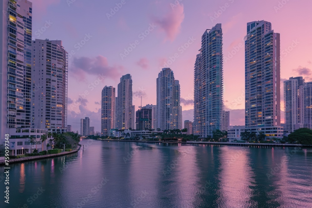 Waterfront cityscape view with night sky