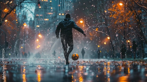 Soccer Player Kicking Soccer Ball in the Rain