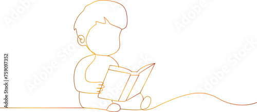 Baby with a book in continuous line art drawing style. Young child sitting and turning pages of a board book. Early reading. Black linear sketch isolated on white background. Vector illustration