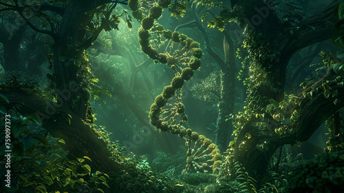 An ethereal scene where a DNA helix intricately weaves into the shape of a heart, embraced by a dense forest of towering trees and a canopy of lush leaves against a dark green canvas. 8K.