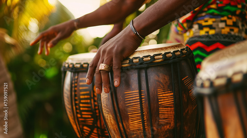 Hands playing African drums.