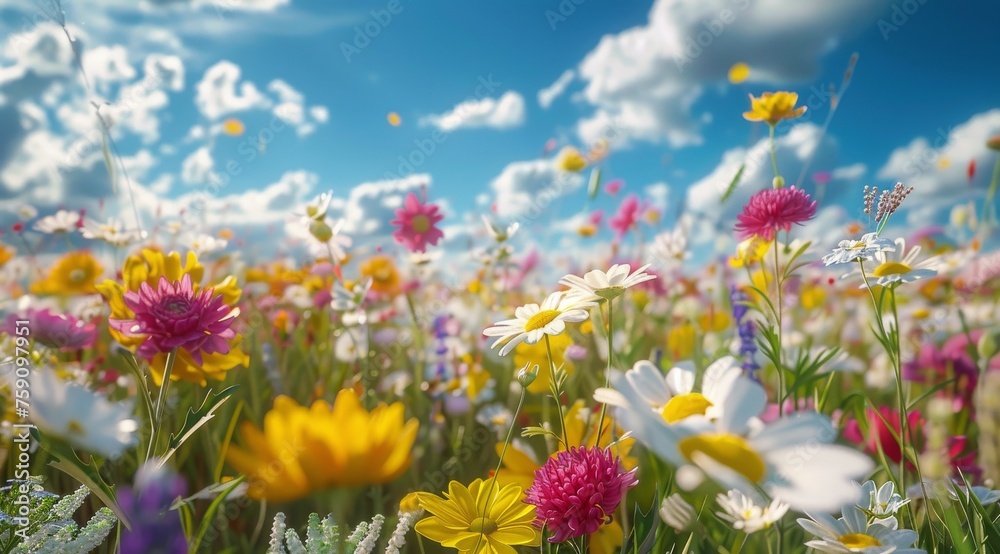 Colorful Flowers in Field Under Blue Sky