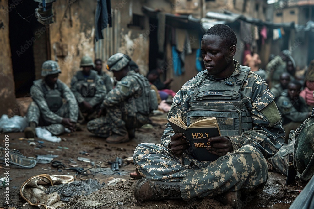 Soldier reading Bible.