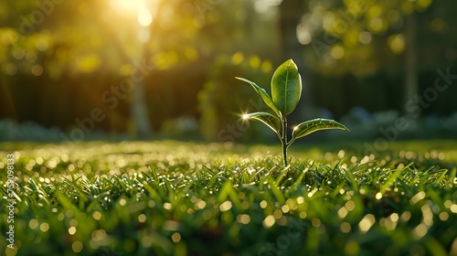 A sprout grows on a well-kept lawn. The early summer morning sun is shining in the background photo